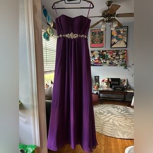 Strapless Plum Evening Prom Gown with Jeweled Waist